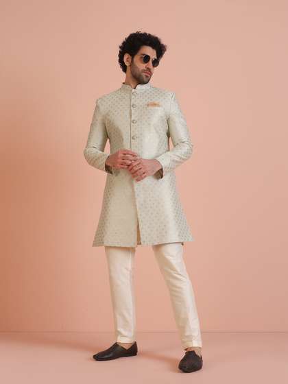 KISAH Men Ethnic
                          Motifs Woven Design Mandarin Collar
                          Indowestern Sherwani Set