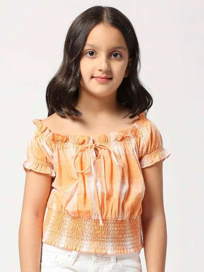 Pepe Jeans Girls
                      Checked Off-Shoulder Smocked Cotton Blouson Top