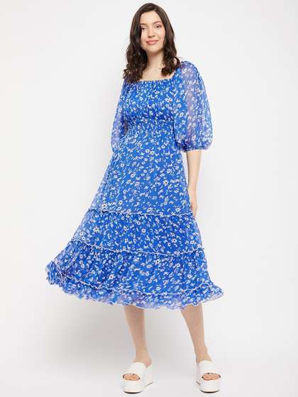 Antheaa Square Neck
                        Floral Printed Smocked Tiered Chiffon Fit &
                        Flare Midi Dress