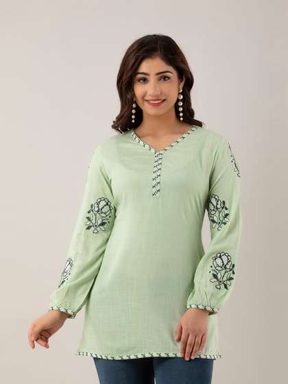 Charu Embroidered V Neck Puff Sleeves Kurti