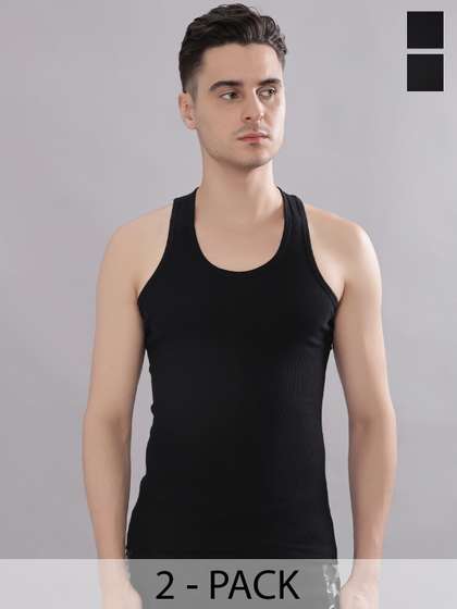Dollar Bigboss Men
                          Solid Pack of 2 Black Cotton Stretch Rib
                          Regular Fit Casual Vest