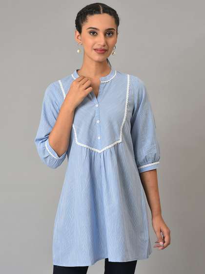 AURELIA Striped Mandarin Collar Pure Cotton Kurti