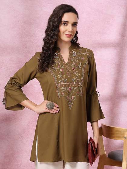 Nayam By Lakshita Women Embroidered Mandarin Collar Tunic With Tie -UP Sleeves