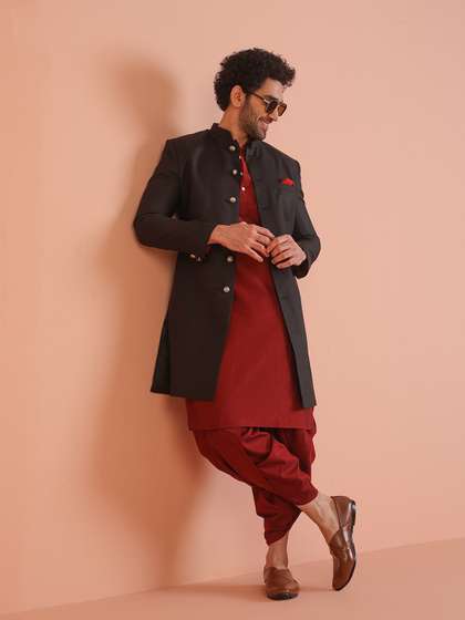 KISAH Men Mandarin
                        Collar Cotton Kurta With Indo western Sherwani
                        & Dhoti Pant Set