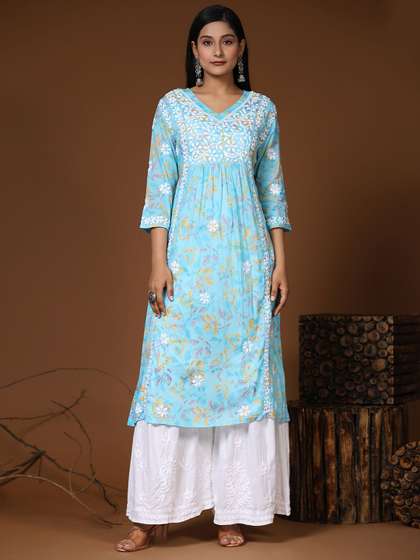 HOUSE OF KARI V-Neck Floral Printed Chikankari Pleated A-Line Pure Cotton Kurta