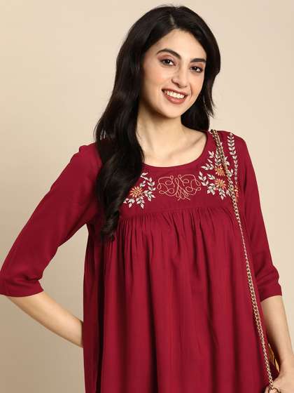 Anouk Floral Embroidered Thread Work Pleated Kurti