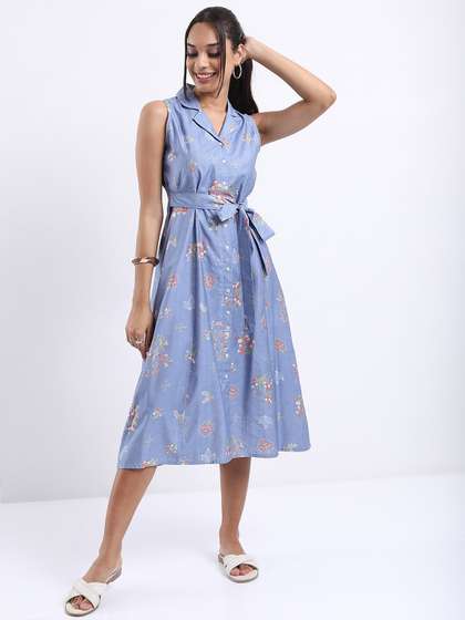 Vishudh Spread
                        Collar Floral Printed Tie Up A-Line Midi Dress