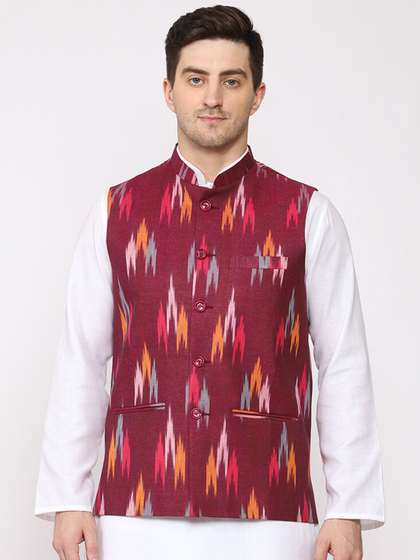 Vastraa Fusion Men Ikat Printed Pure Cotton Nehru Jackets