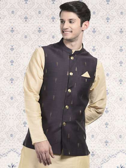 Ode by House of Pataudi Woven Design Satin Nehru Jacket