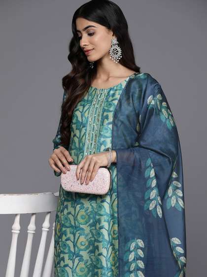 Varanga Sea Green
                        Floral Printed Hand work Kurta with Trousers
                        & Dupatta