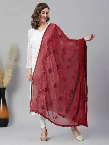 Dupatta Bazaar
                        Embroidered Chiffon Dupatta With Pom Pom Lace