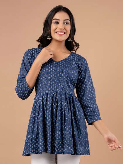 FERANOID Ethnic
                        Motifs Printed V-Neck Pure Cotton Pleated Kurti