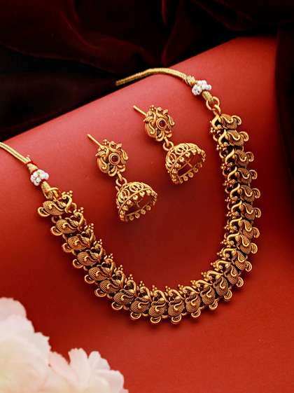Saraf RS Jewellery
                          Gold-Plated & CZ-Studded Peacock Motif
                          Temple Jewellery Set