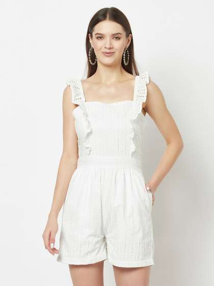 Crimsoune Club Self
                        Design Cotton Capri Jumpsuit With Ruffles