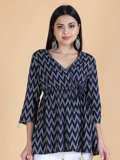 HERE&NOW Navy Blue & Grey Chevron Printed V-Neck Angrakha A-Line Short Kurti
