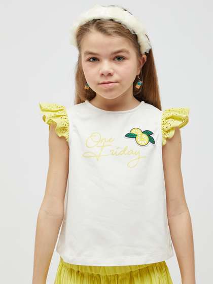 One Friday Girls
                    Typography Printed Flutter Sleeve Applique Detail
                    Top