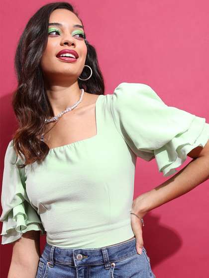 Tokyo Talkies Green
                        Square Neck Flared Sleeve Crop Top
