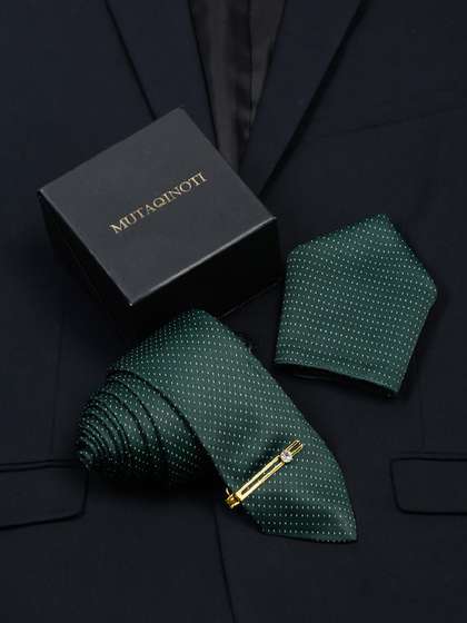 MUTAQINOTI Men Dotted
                    Green Silk Necktie Accessory Gift Set