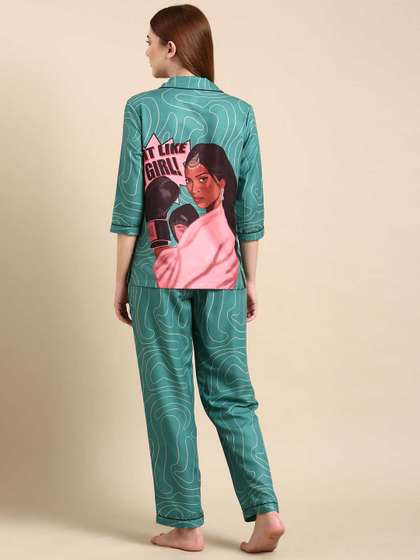 Bannos Swagger Green
                        & Pink Abstract Printed Night Suit