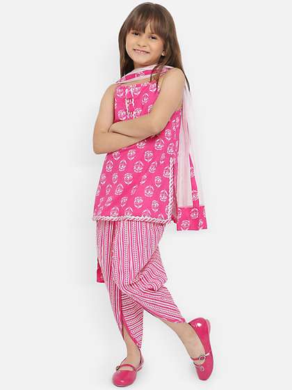 Nauti Nati Girls Floral
                    Printed Pure Cotton Kurti With Dhoti Pants &
                    Dupatta