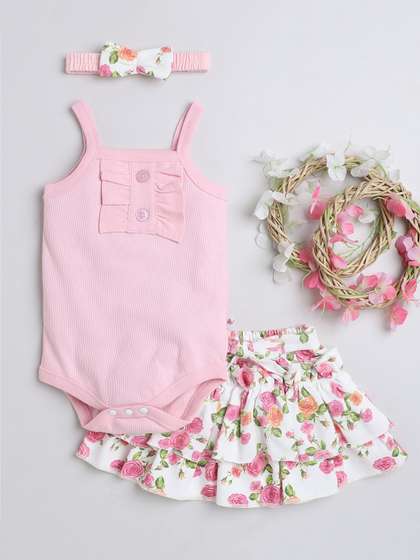 BUMZEE Infants Girls
                    Printed Cotton Bodysuit With Skirt Set With
                    Headband