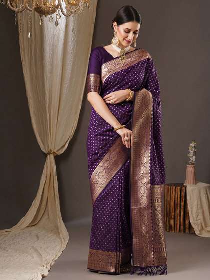 Anouk Purple &
                        Gold-Toned Floral Woven Design Zari Banarasi
                        Saree