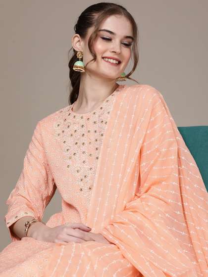 Anouk Women
                        Peach-Coloured Floral Embroidered Regular Thread
                        Work Kurta with Trousers & With Dupatta