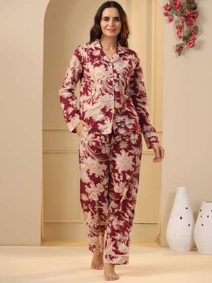 SANSKRUTIHOMES
                        Maroon & Beige Floral Printed Pure Cotton
                        Night Suit