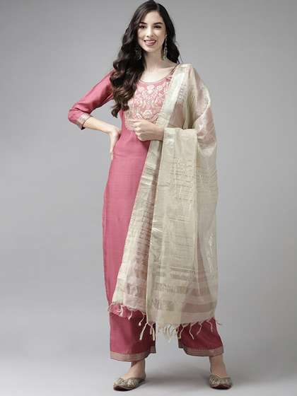 Indo Era Pink & Off White Ethnic Mottifs Yoke Design Kurta with Palazzos & Dupatta