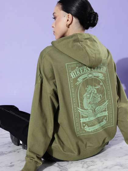 The Roadster Life
                        Co. Olive Green Hello Monsoon Oversized Printed
                        Hooded Sweatshirt