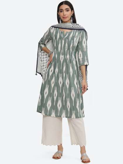 Biba Abstract Printed A-Line Kurta with Palazzos & Dupatta