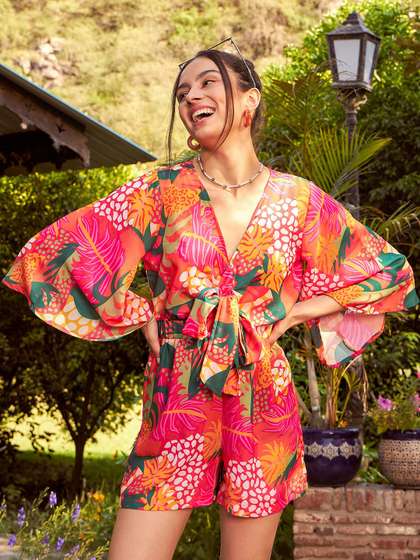 SASSAFRAS Orange
                        & Green Floral Printed Front Tie Knot
                        Playsuit