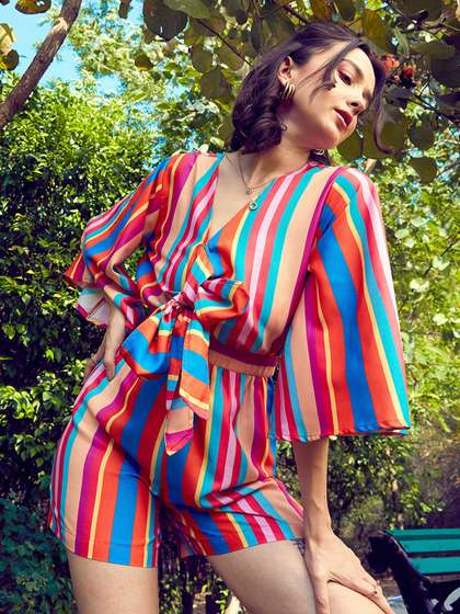 SASSAFRAS Blue &
                        Pink Striped Front Tie Knot Playsuit