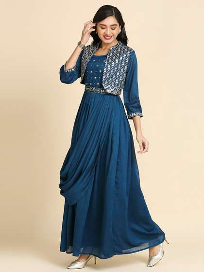 MADHURAM Embroidered
                        Silk Satin Fit & Flare Maxi ethnic Dress
                        With Jacket & Belt