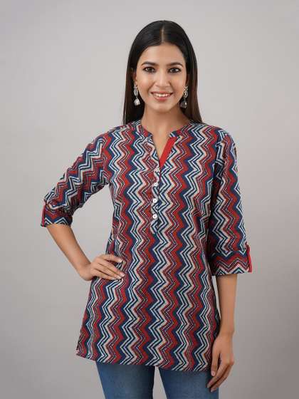 HERE&NOW Blue Mandarin Collar Chevron Printed Short Kurti