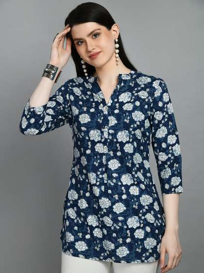MEESAN Mandarin Collar Floral Printed Kurti