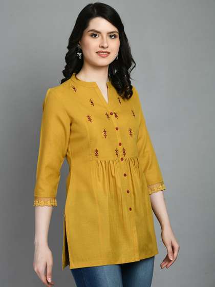 MEESAN Mandarin Collar Embroidered Cotton Kurti