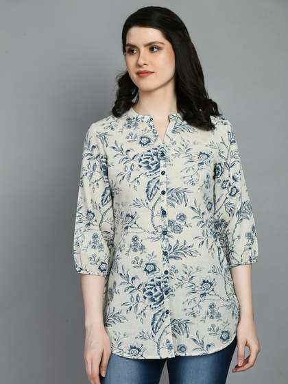 MEESAN Floral Printed Mandarin Collar Kurti