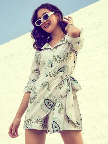 Athena Green &
                          White Linen Printed Playsuit