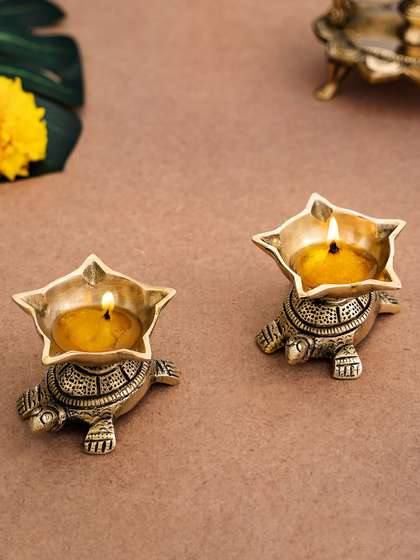 DecorTwist Gold-Toned 2 Pieces Brass Tortoise Panchmukhi Diyas