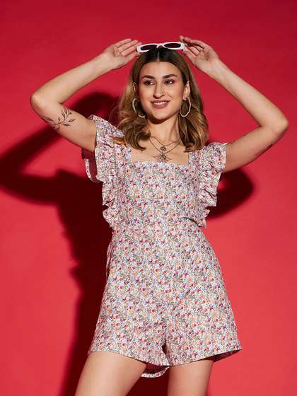 SASSAFRAS White
                        Floral Print Playsuit With Ruffles