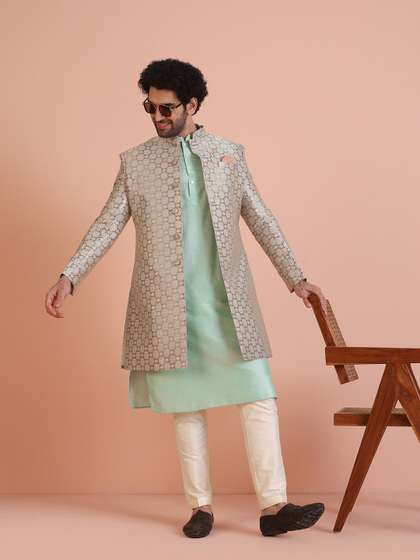 KISAH Men
                        Woven-Design Cotton Indowestern Sherwani Set