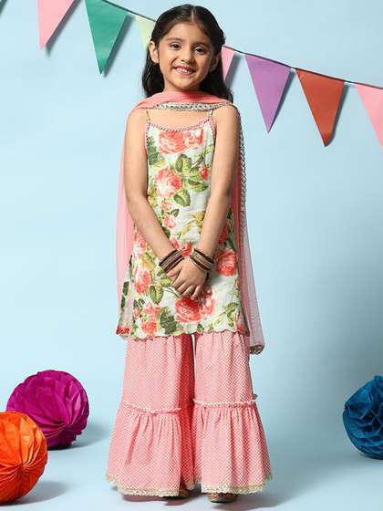 Biba Girls Floral
                    Printed Regular Pure Cotton Kurta With Sharara &
                    Dupatta