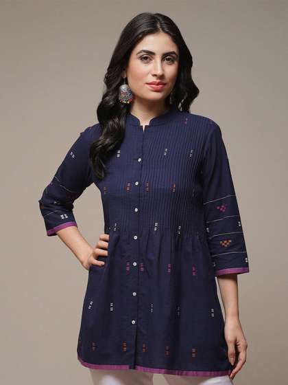 Biba Mandarin Collar Geometric Printed A-Line Pure Cotton Kurti