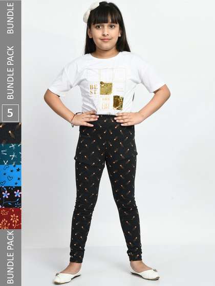 BAESD Girls Pack Of 5
                    Printed Cotton Churidar-Length Leggings