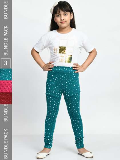 BAESD Girls Pack Of 3
                    Printed Pure Cotton Churidar Length Leggings