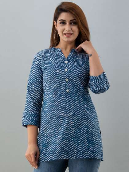 HERE&NOW Blue & White Geometric Printed Short Kurti