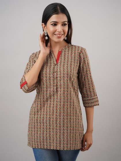 HERE&NOW Beige & Maroon Ethnic Motifs Printed Short Kurti