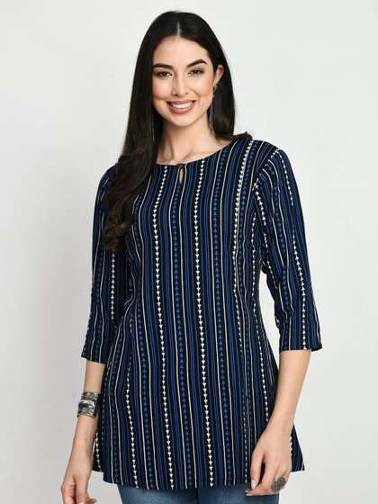 HERE&NOW Blue & White Keyhole Neck Ethnic Motifs Printed Straight Short Kurti