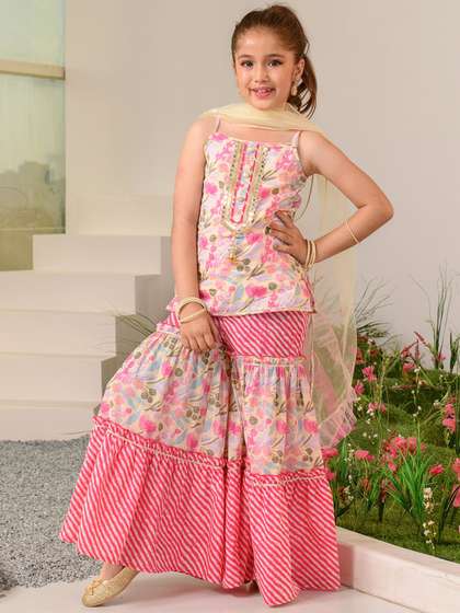 Pspeaches Girls Cream
                      And Pink Floral Cotton Kurti Sharara Dupatta Set